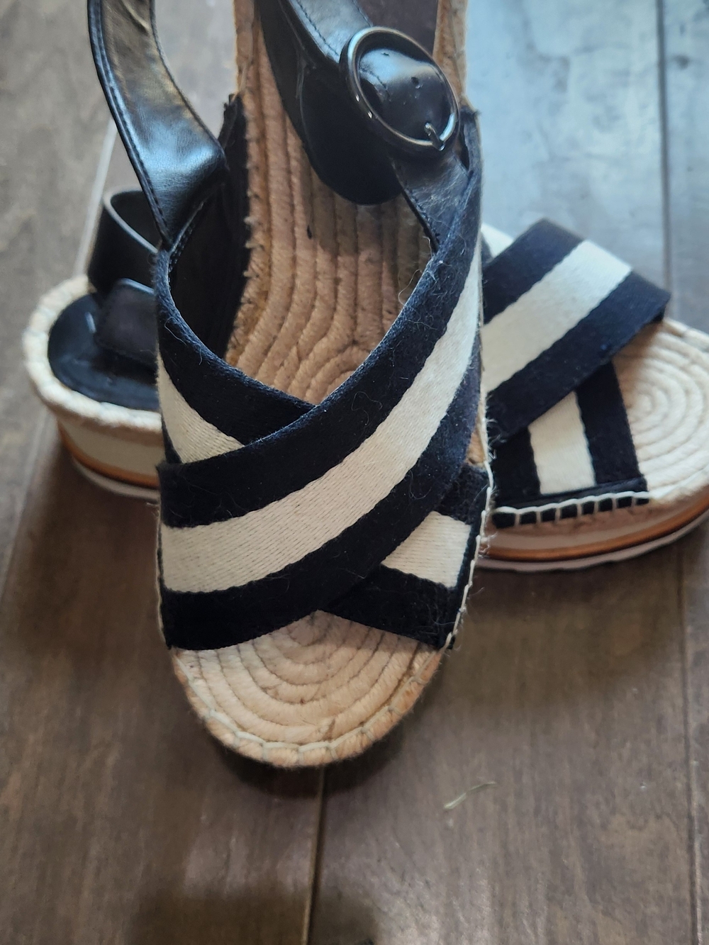 Marc Fisher -Women’s Black & White Striped Espadrille Wedge Sandals